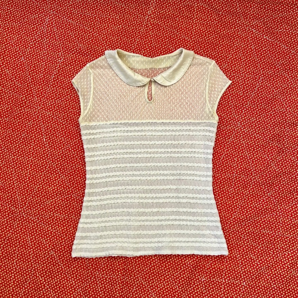 Free People Cream Lace Peter Pan Collar Top Sheer Polka Dot Blouse Cap Sleeve